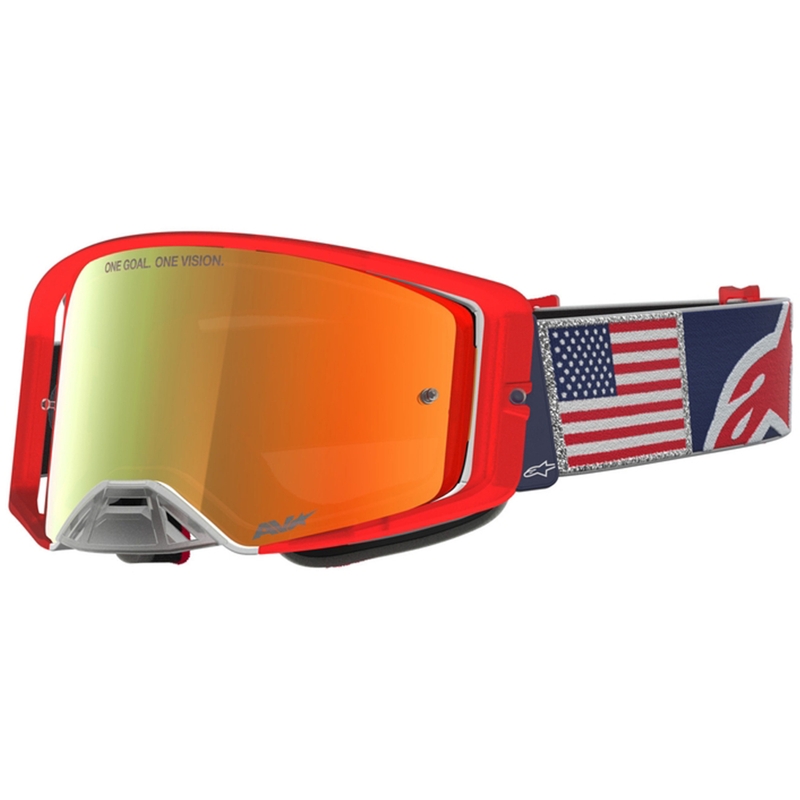 Occhiali da motocross Alpinestars Supertech Fiftyfold blu-rosso-bianco con lente in plexiglass rosso a specchio.