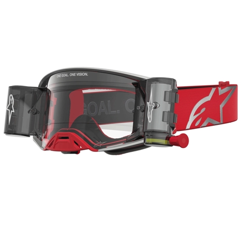 Occhiali da motocross Alpinestars Supertech Firma rosso-argento con lente in plexiglass trasparente.
