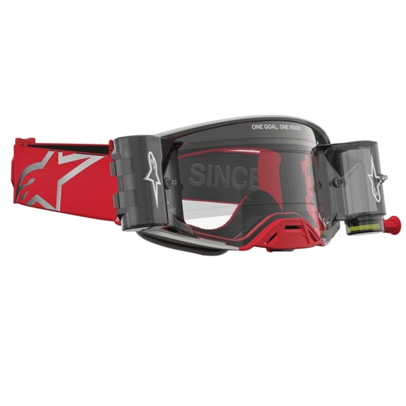 Occhiali da motocross Alpinestars Supertech Firma rosso-argento con lente in plexiglass trasparente.