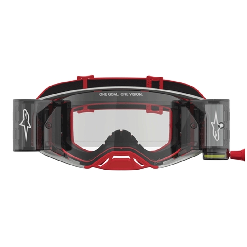 Occhiali da motocross Alpinestars Supertech Firma rosso-argento con lente in plexiglass trasparente.