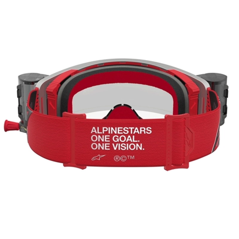 Occhiali da motocross Alpinestars Supertech Firma rosso-argento con lente in plexiglass trasparente.