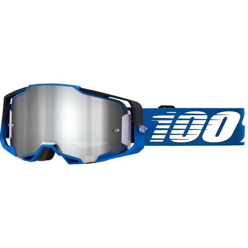 Occhiali da motocross 100% ARMEGA Rockchuck nero-bianco-blu (plexi argento)