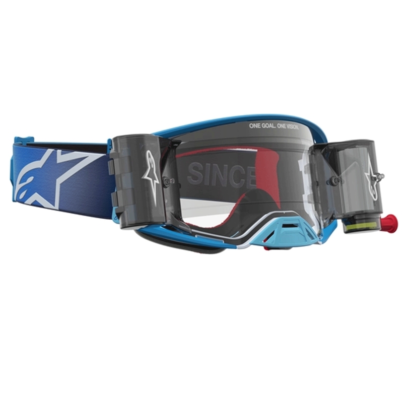 Occhiali da motocross Alpinestars Supertech ROLL-OFF blu-argento con plexiglass trasparente