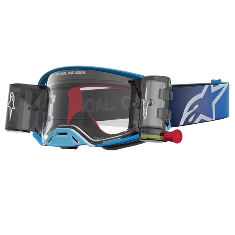 Occhiali da motocross Alpinestars Supertech ROLL-OFF blu-argento con plexiglass trasparente