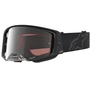 Occhiali da motocross Alpinestars Supertech Cloak neri con lenti a specchio in plexiglass argento.