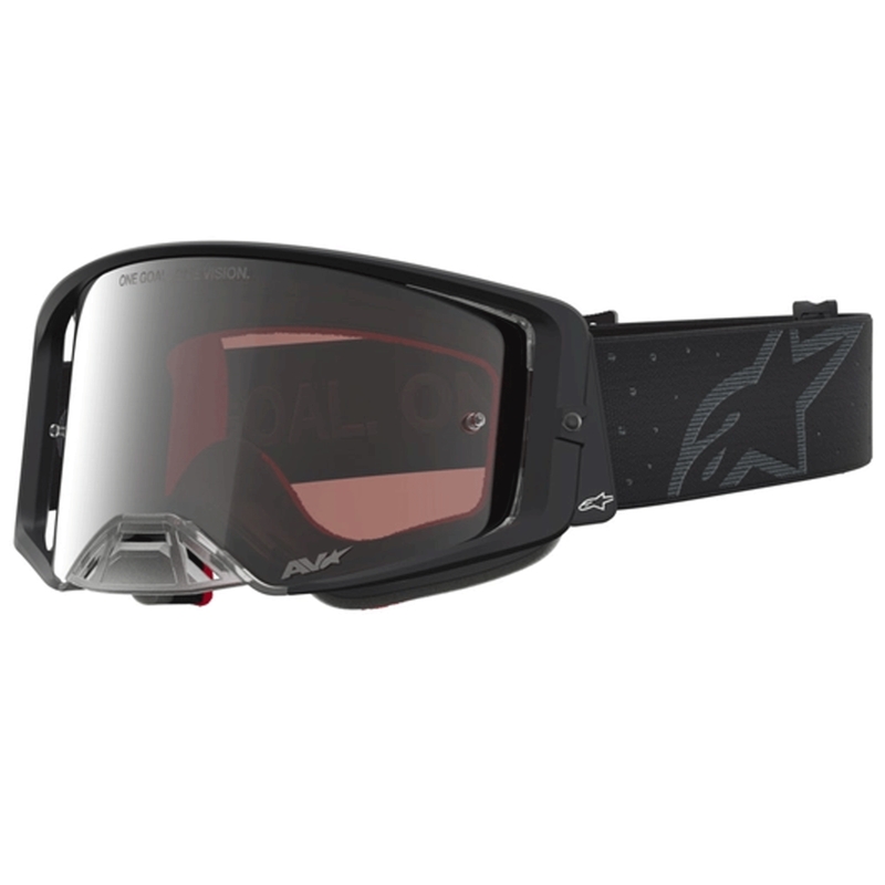 Occhiali da motocross Alpinestars Supertech Cloak neri con lenti a specchio in plexiglass argento.