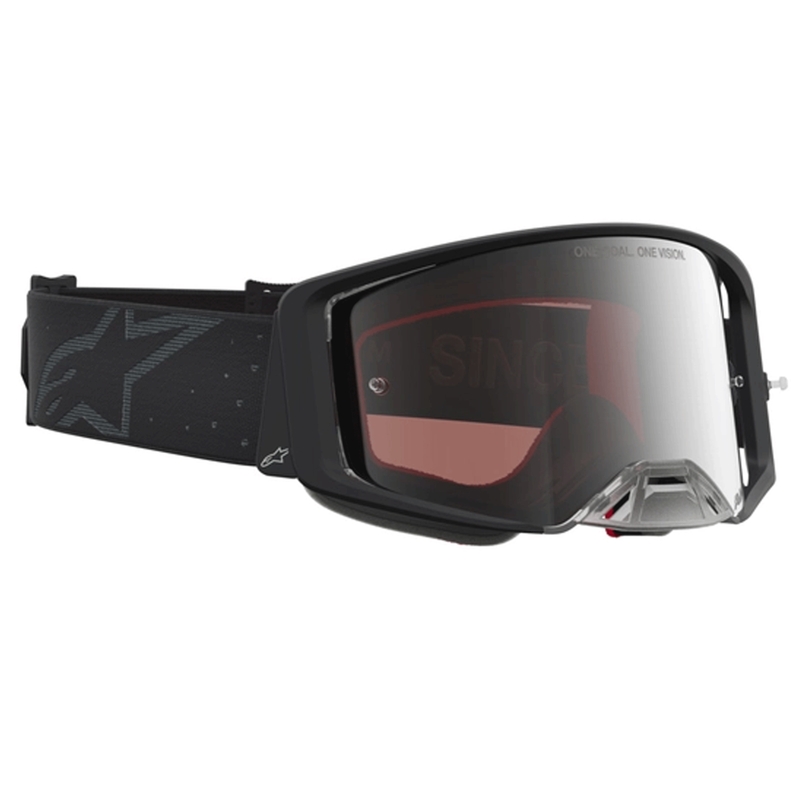 Occhiali da motocross Alpinestars Supertech Cloak neri con lenti a specchio in plexiglass argento.