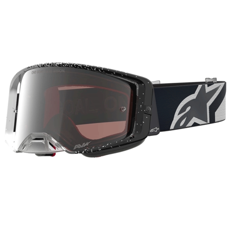 Occhiali da motocross Alpinestars Supertech bianco-nero con plexiglass a specchio argento