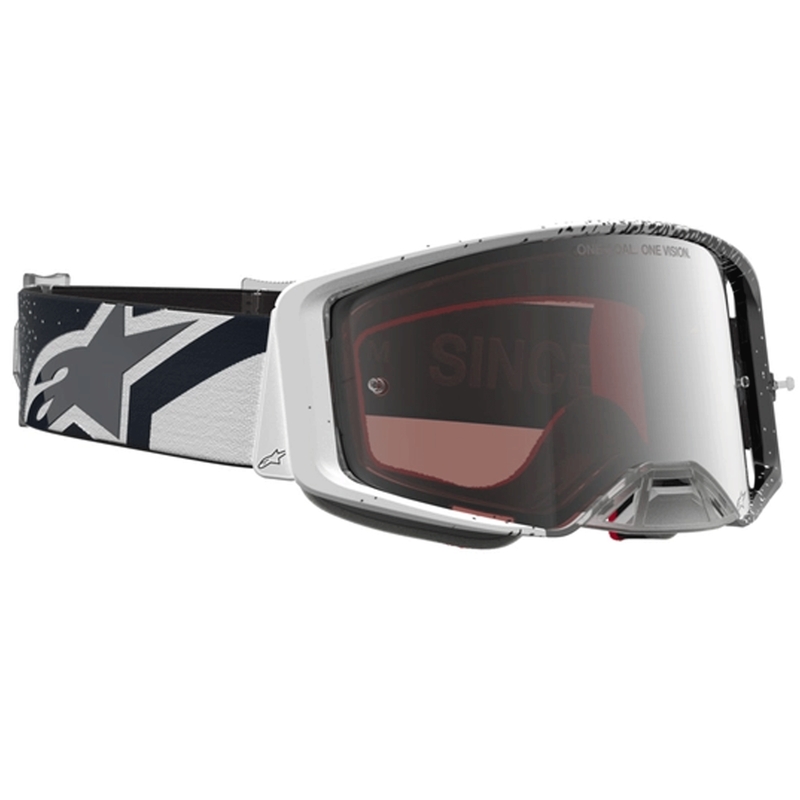 Occhiali da motocross Alpinestars Supertech bianco-nero con plexiglass a specchio argento