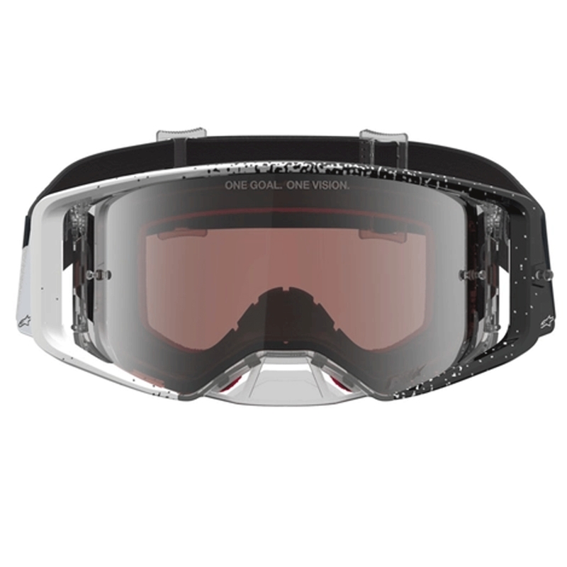 Occhiali da motocross Alpinestars Supertech bianco-nero con plexiglass a specchio argento