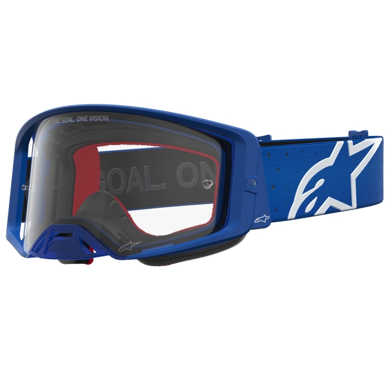 Occhiali da motocross Alpinestars Supertech Vesta blu-bianchi con lente in plexiglass trasparente.