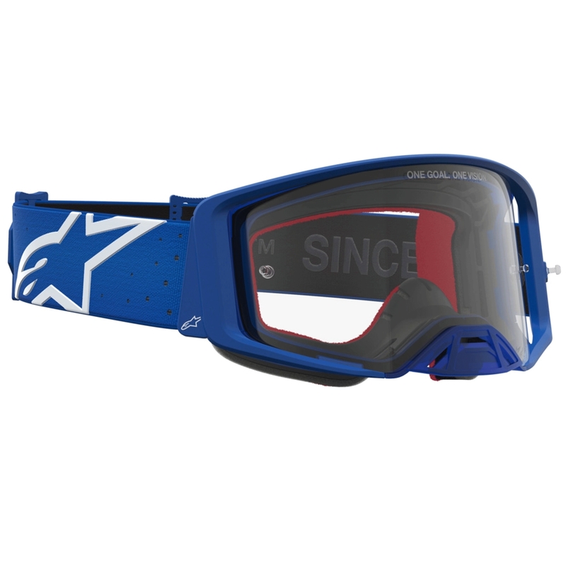 Occhiali da motocross Alpinestars Supertech Vesta blu-bianchi con lente in plexiglass trasparente.