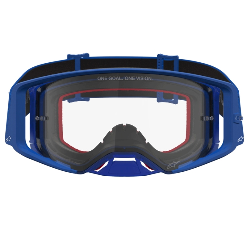 Occhiali da motocross Alpinestars Supertech Vesta blu-bianchi con lente in plexiglass trasparente.