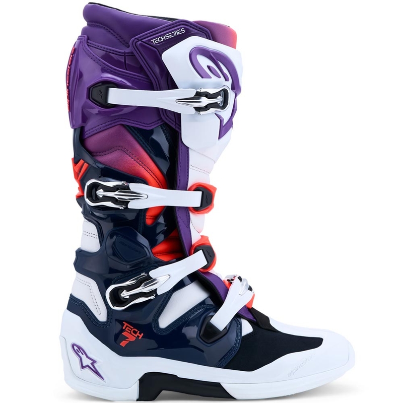 Stivali da motocross Alpinestars TECH 7 viola-bianco-blu scuro-rosso fluo
