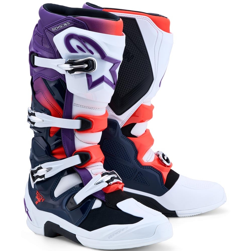 Stivali da motocross Alpinestars TECH 7 viola-bianco-blu scuro-rosso fluo