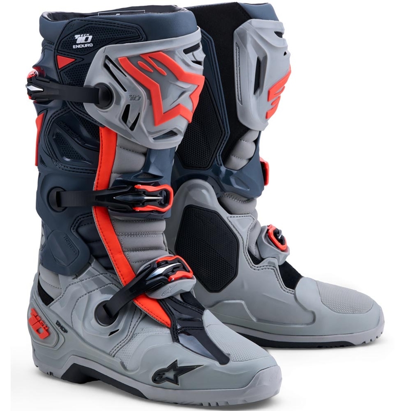 Stivali da moto Alpinestars Tech 10 Enduro Grigio-Grigio scuro-Rosso fluo