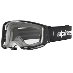 Occhiali da motocross Alpinestars Vision 8 Amber, neri e argento con plexiglass trasparente.
