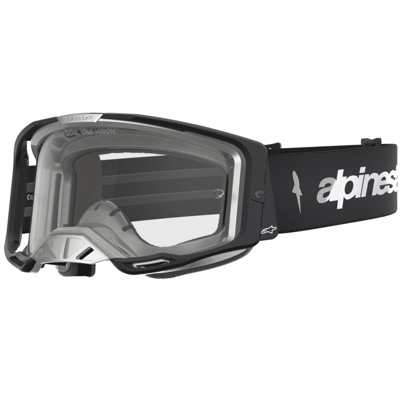 Occhiali da motocross Alpinestars Vision 8 Amber, neri e argento con plexiglass trasparente.