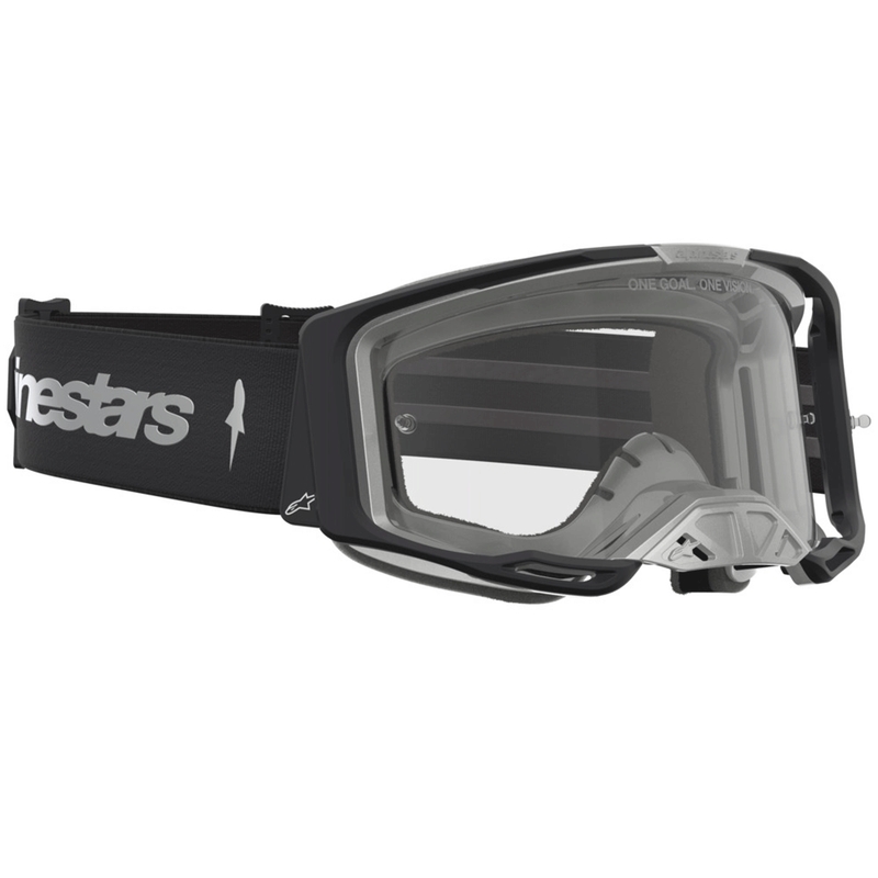 Occhiali da motocross Alpinestars Vision 8 Amber, neri e argento con plexiglass trasparente.