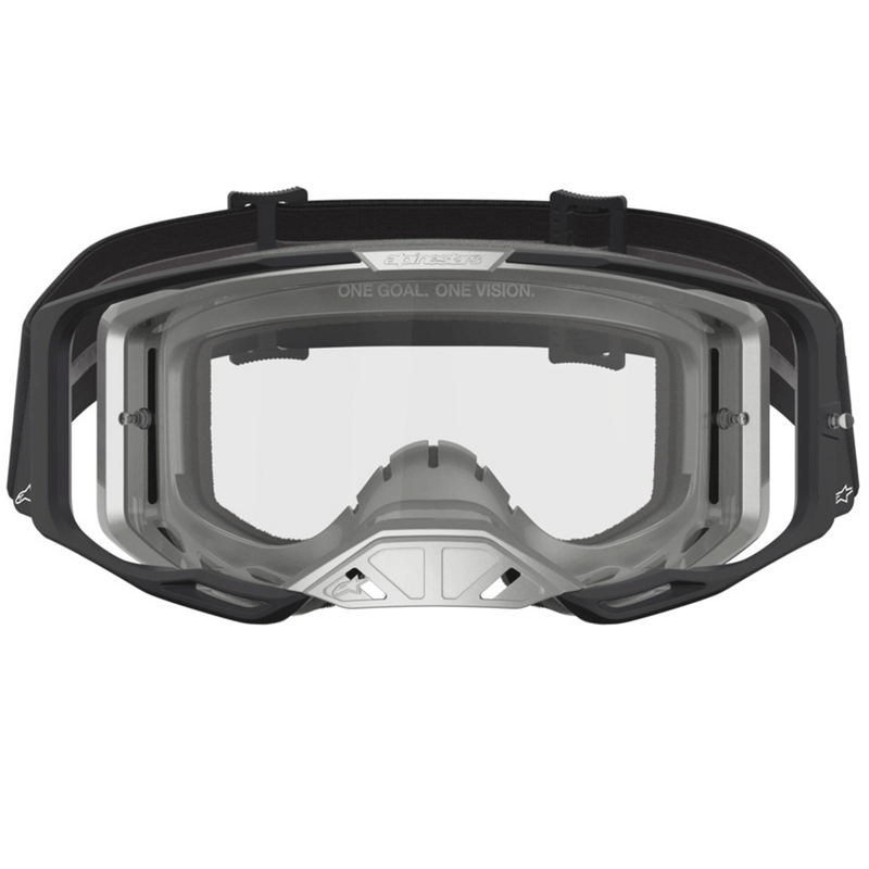 Occhiali da motocross Alpinestars Vision 8 Amber, neri e argento con plexiglass trasparente.