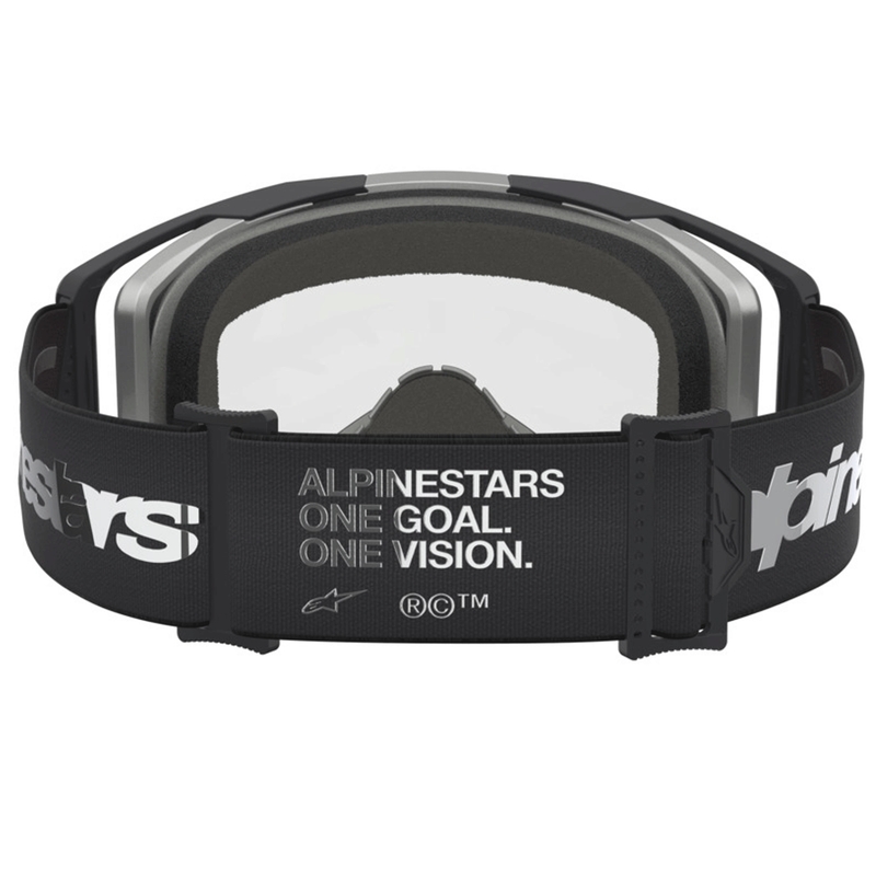 Occhiali da motocross Alpinestars Vision 8 Amber, neri e argento con plexiglass trasparente.