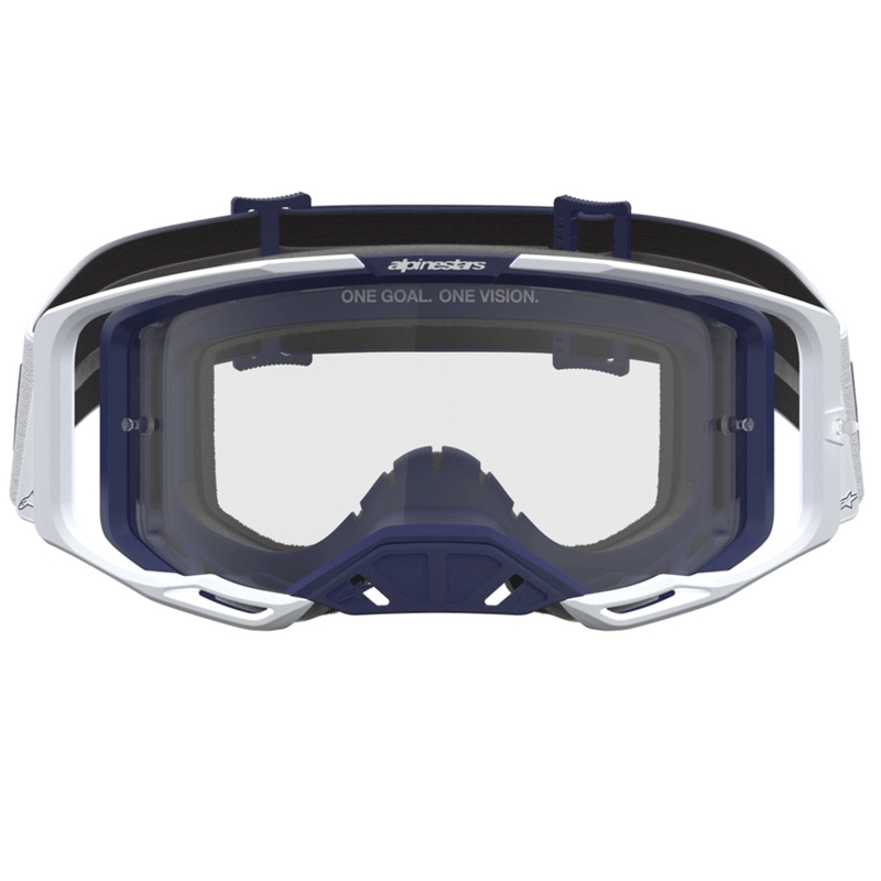 Occhiali da motocross Alpinestars Vision 8 Amber blu-bianchi con plexiglass trasparente