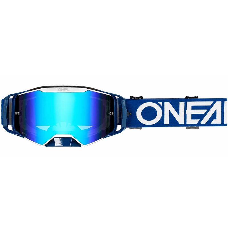 Occhiali da motocross O'Neal B-55 Cram blu-bianchi con plexiglass a specchio blu