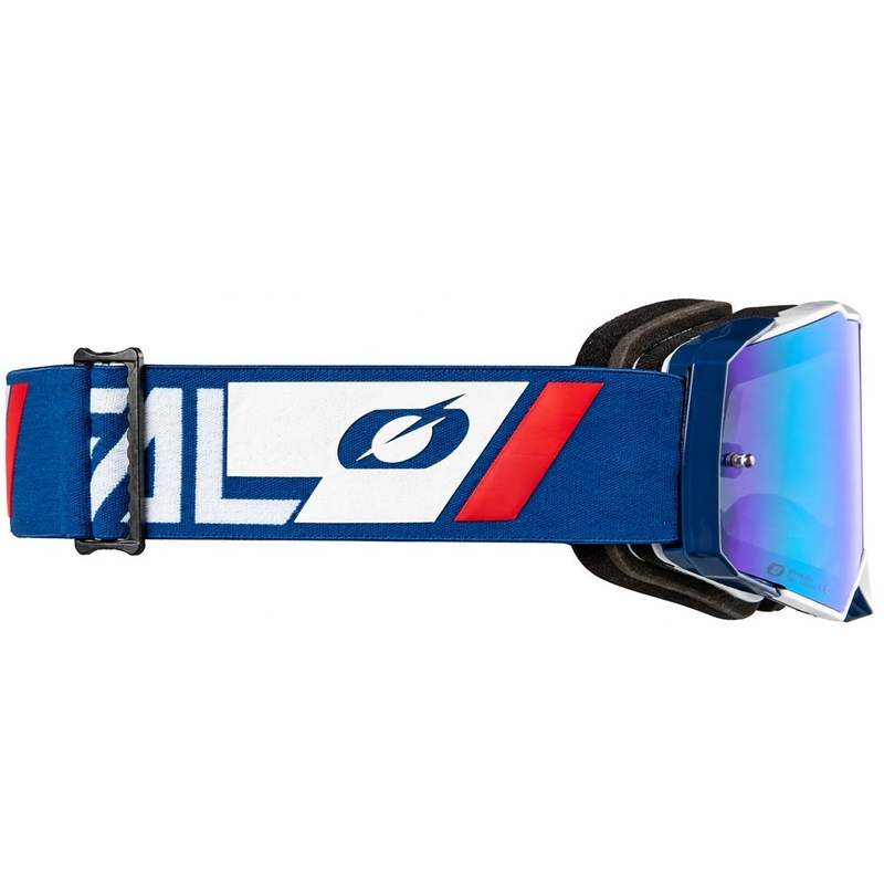 Occhiali da motocross O'Neal B-55 Cram blu-bianchi con plexiglass a specchio blu