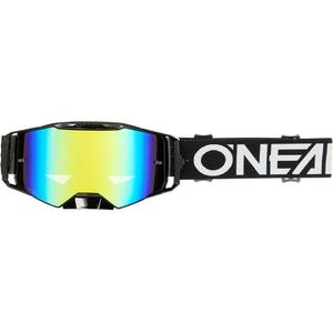 Occhiali da motocross O'Neal B-55 Cram, neri e bianchi con lenti in plexiglass dorato a specchio.