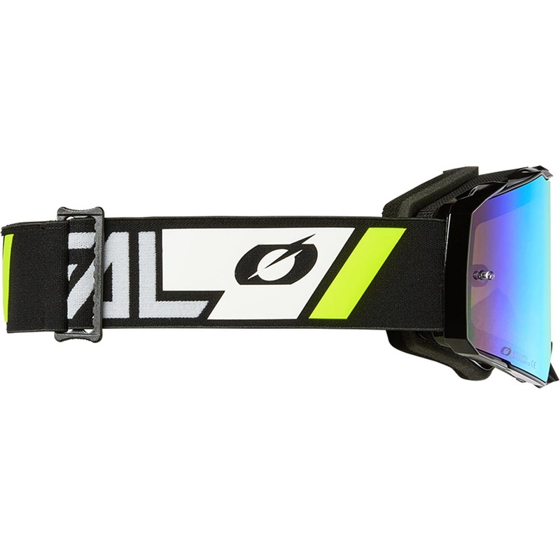 Occhiali da motocross O'Neal B-55 Cram, neri e bianchi con lenti in plexiglass dorato a specchio.