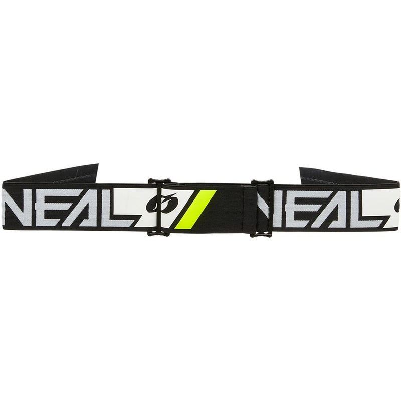 Occhiali da motocross O'Neal B-55 Cram, neri e bianchi con lenti in plexiglass dorato a specchio.