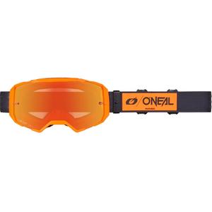 Occhiali da motocross O'Neal B-22 Core neri-arancioni con plexiglass a specchio rosso.