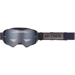 Occhiali da motocross O'Neal B-22 Core neri-grigi con plexiglass a specchio argentato.