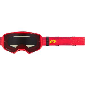 Occhiali da motocross O'Neal B-22, colore rosso-giallo fluo con lenti in plexiglass grigio.