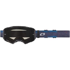 Occhiali da motocross O'Neal B-22, colore blu-arancio con lenti in plexiglass grigio.