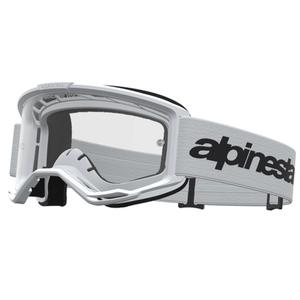 Occhiali da motocross Alpinestars Vision 3 Wordmark, bianco-nero con plexiglass trasparente.