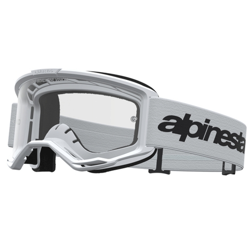Occhiali da motocross Alpinestars Vision 3 Wordmark, bianco-nero con plexiglass trasparente.