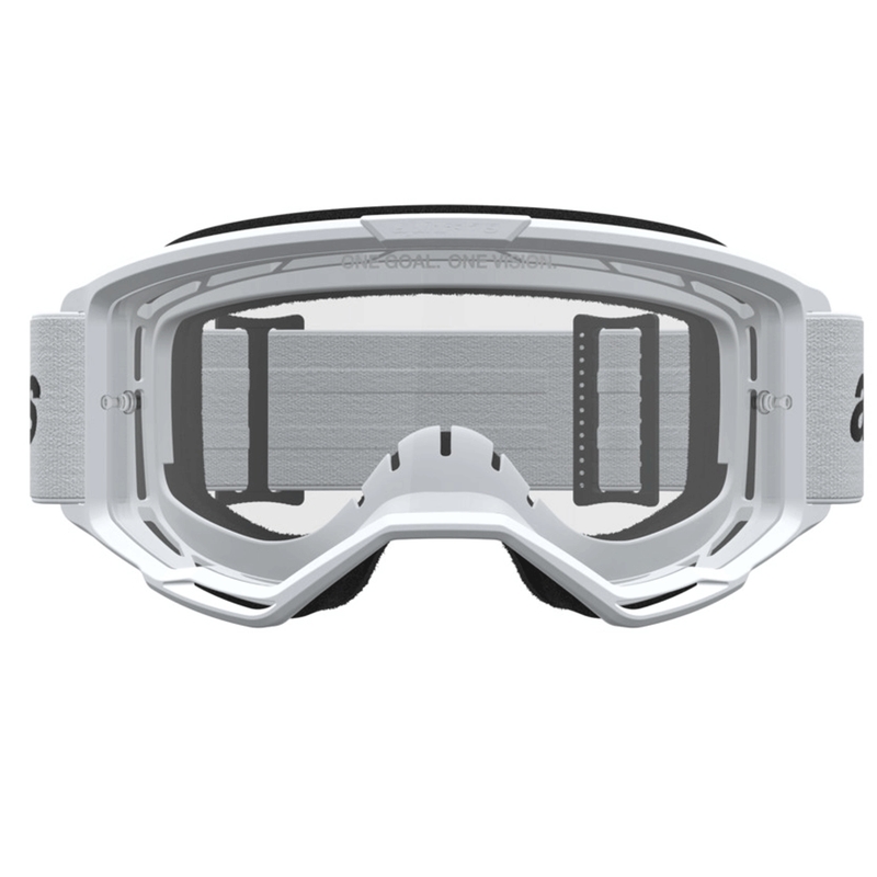 Occhiali da motocross Alpinestars Vision 3 Wordmark, bianco-nero con plexiglass trasparente.