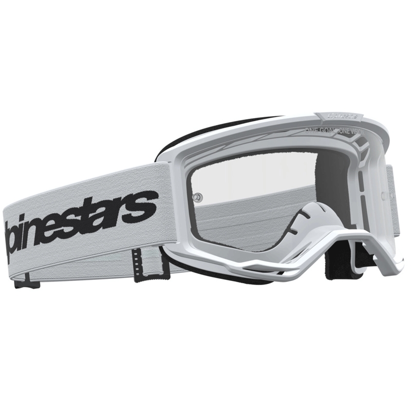 Occhiali da motocross Alpinestars Vision 3 Wordmark, bianco-nero con plexiglass trasparente.