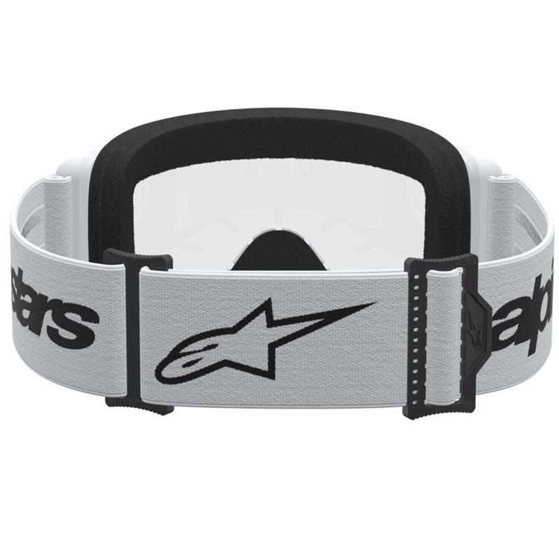 Occhiali da motocross Alpinestars Vision 3 Wordmark, bianco-nero con plexiglass trasparente.