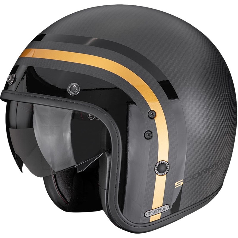 Casco da moto aperto Scorpion Belfast II Carbon Regal, nero opaco-oro.