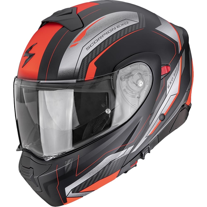 Casco da moto modulare Scorpion EXO-930 EVO Space, nero opaco-argento-rosso