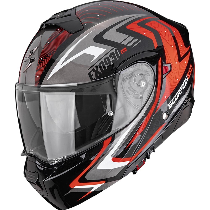 Casco da moto modulare Scorpion EXO-930 EVO Alpha nero-argento-rosso