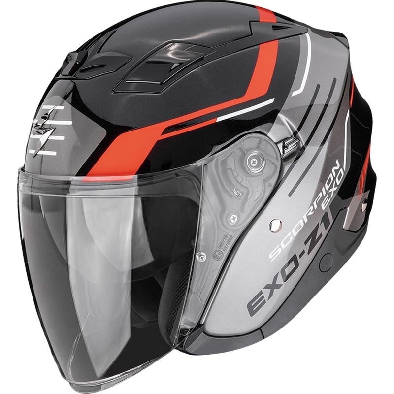 Casco da moto aperto Scorpion EXO-Z1 Prymus nero-argento-rosso