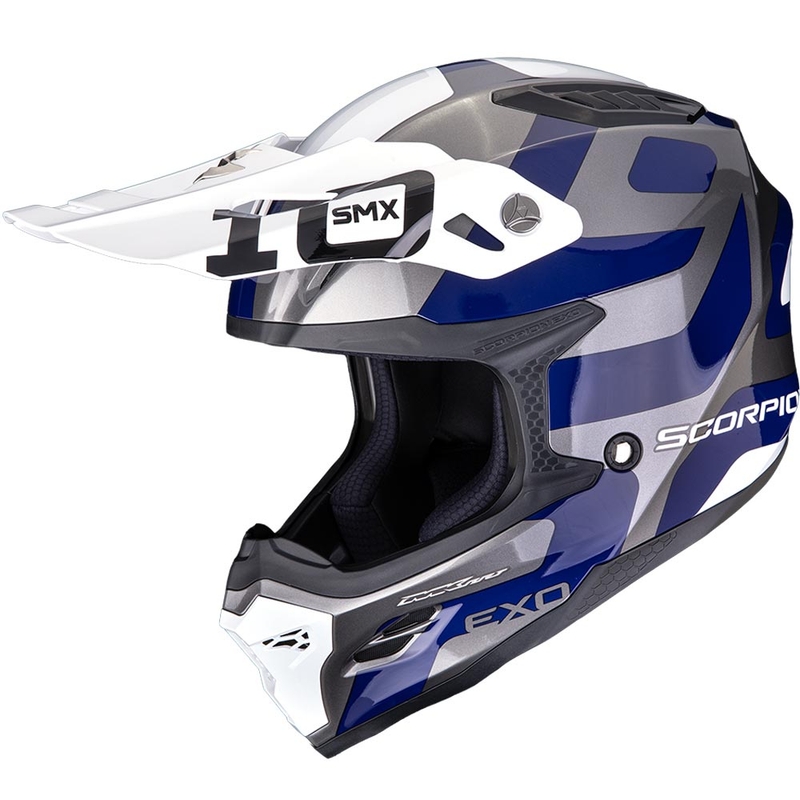 Casco da motocross Scorpion SMX-10 Leap, colore argento-blu.