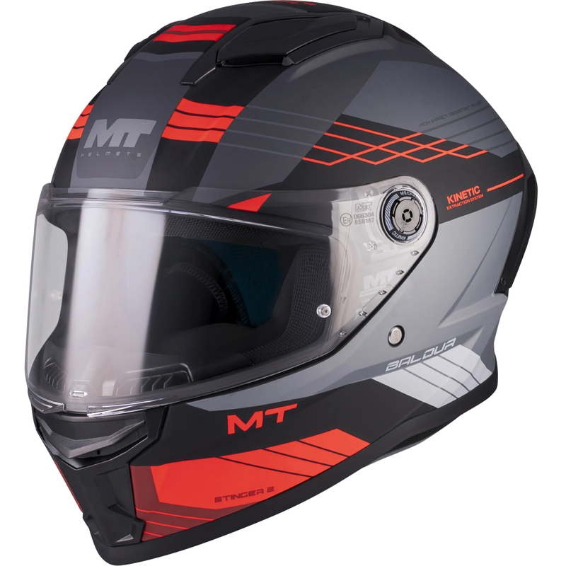 Casco integrale da moto MT Stinger 2 Baldur C15 nero opaco-grigio-rosso