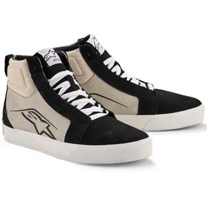 Stivali da moto in pelle Alpinestars Ride-63, neri, grigio chiaro e bianchi.