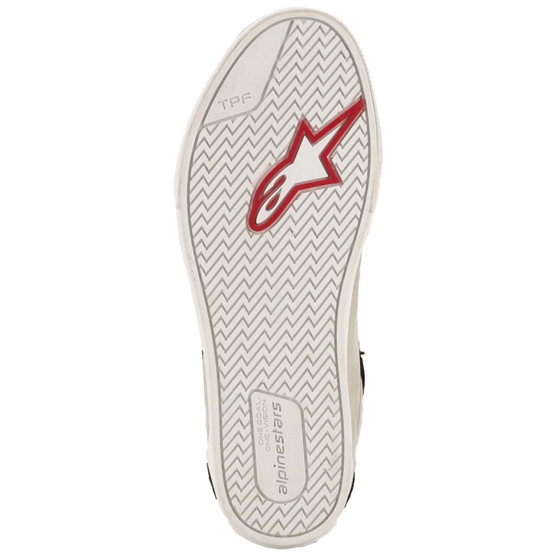 Stivali da moto in pelle Alpinestars Ride-63, neri, grigio chiaro e bianchi.