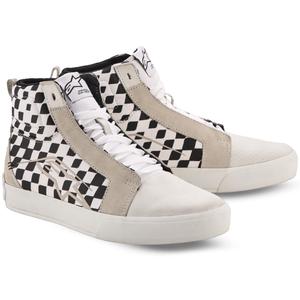 Stivali da moto Alpinestars Ride-63 in tela, neri, beige e bianchi.