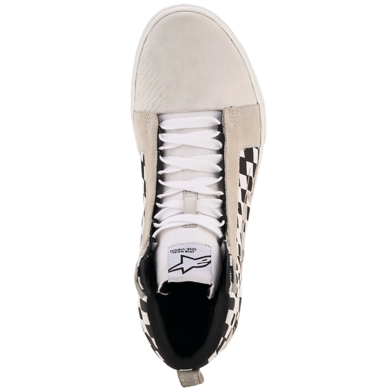 Stivali da moto Alpinestars Ride-63 in tela, neri, beige e bianchi.
